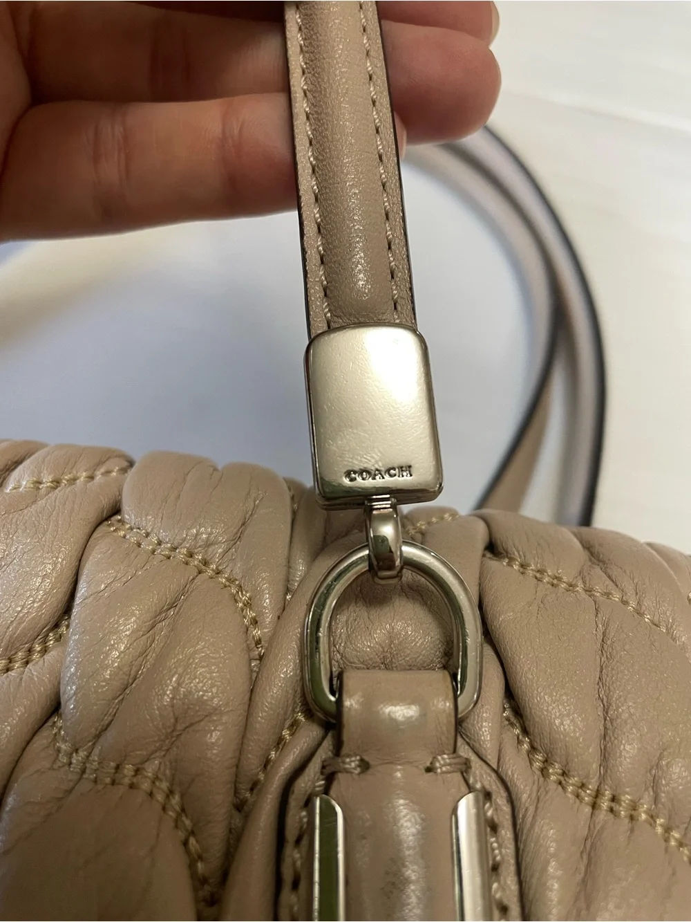 Coach Madison Gathered Chevron Leather Madeline Satchel Soft Putty Beige